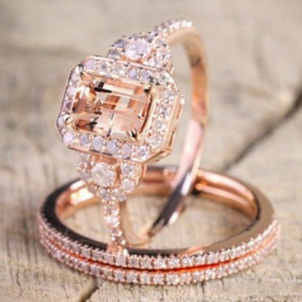 *NEW Rose Gold Diamond Halo Morganite 3PC Ring Set